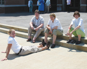 Sister Erin Zubel, O.S.U. (foreground) and other young sisters relax together during a national gathering of Giving Voice, a network of sisters under age 50.